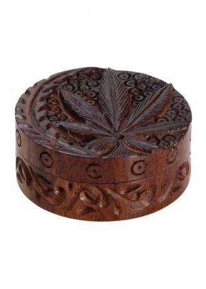 Rosewood Herb Grinder Carved Pot Leaf Lid | 2-part | 45mm wide