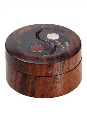 Rosewood Herb Grinder – Carved Soapstone Yin Yang Lid – 2-part – 35mm wide