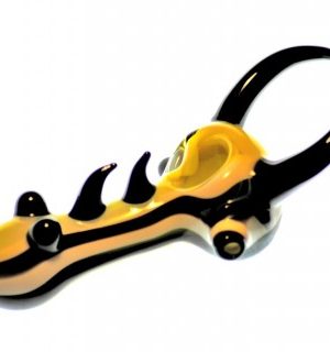 G-Spot Glass Spoon Pipe – Yellow and White Glass with Black Spikes and Marbles