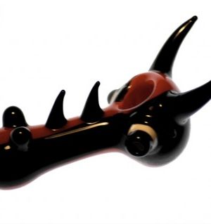 G-Spot Glass Spoon Pipe – Black and Red Glass with Black Spikes and Marbles